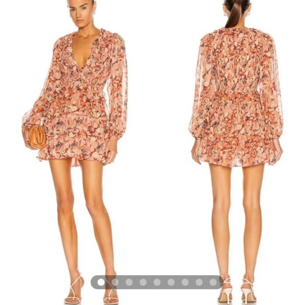 ULLA JOHNSON TAMARA SILK FLORAL METALLIC RUFFLE TIERED MINI DRESS CORAL SP210103